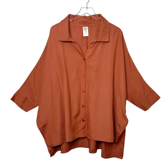 NEW Helen Owen Bri Rust Orange Lagenlook Linen Blend Button Up Tunic Top Sz OS - Picture 1 of 12